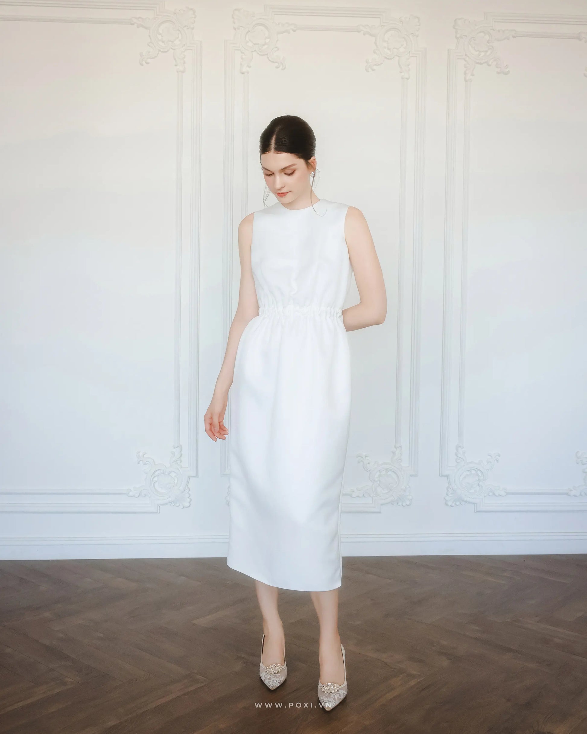 Modest sleeveless white midi prom dress with button line in back - D1854 Plus