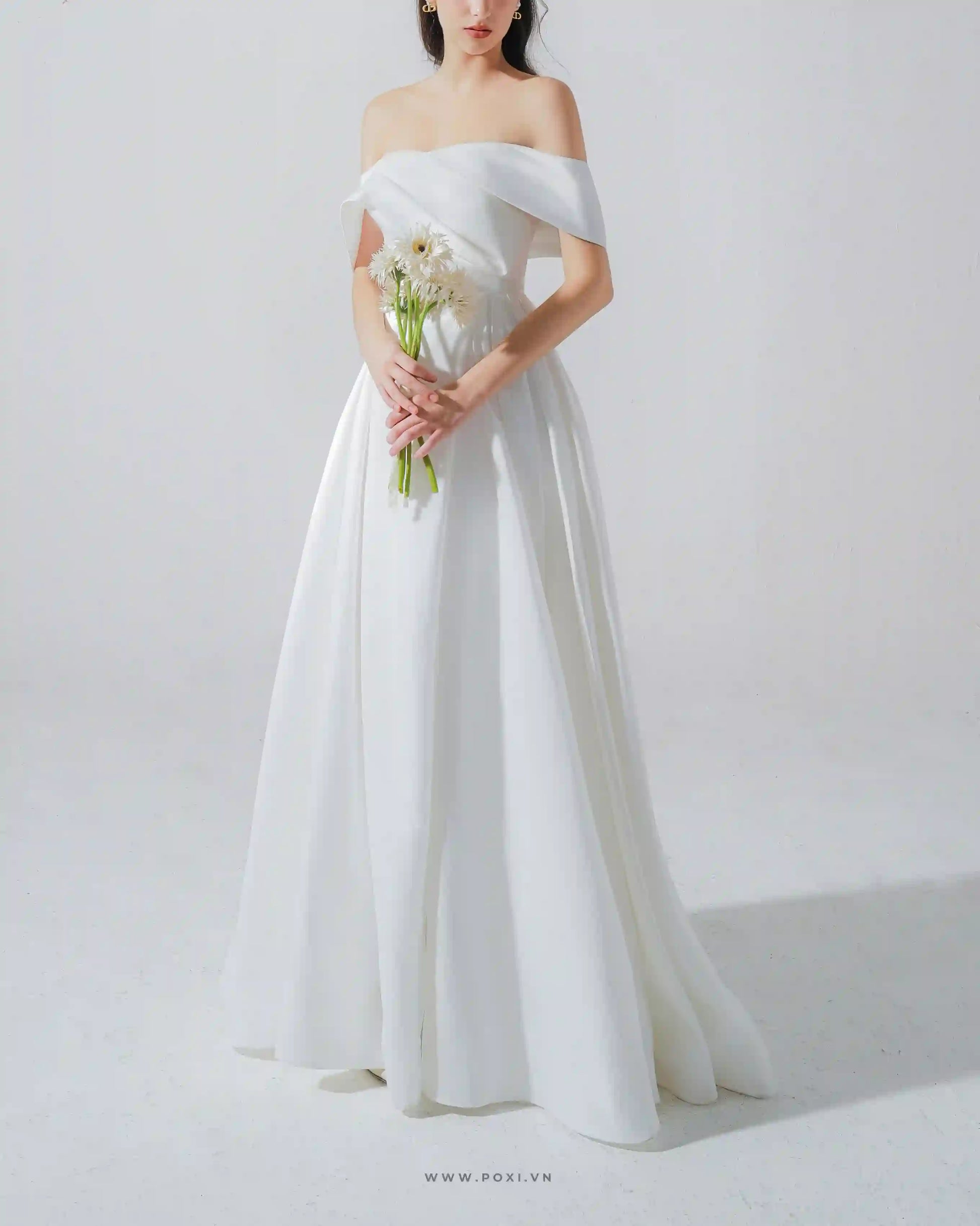 Princess off-the-shoulder wedding dress with unique pleated top detail - D1818 - POXI