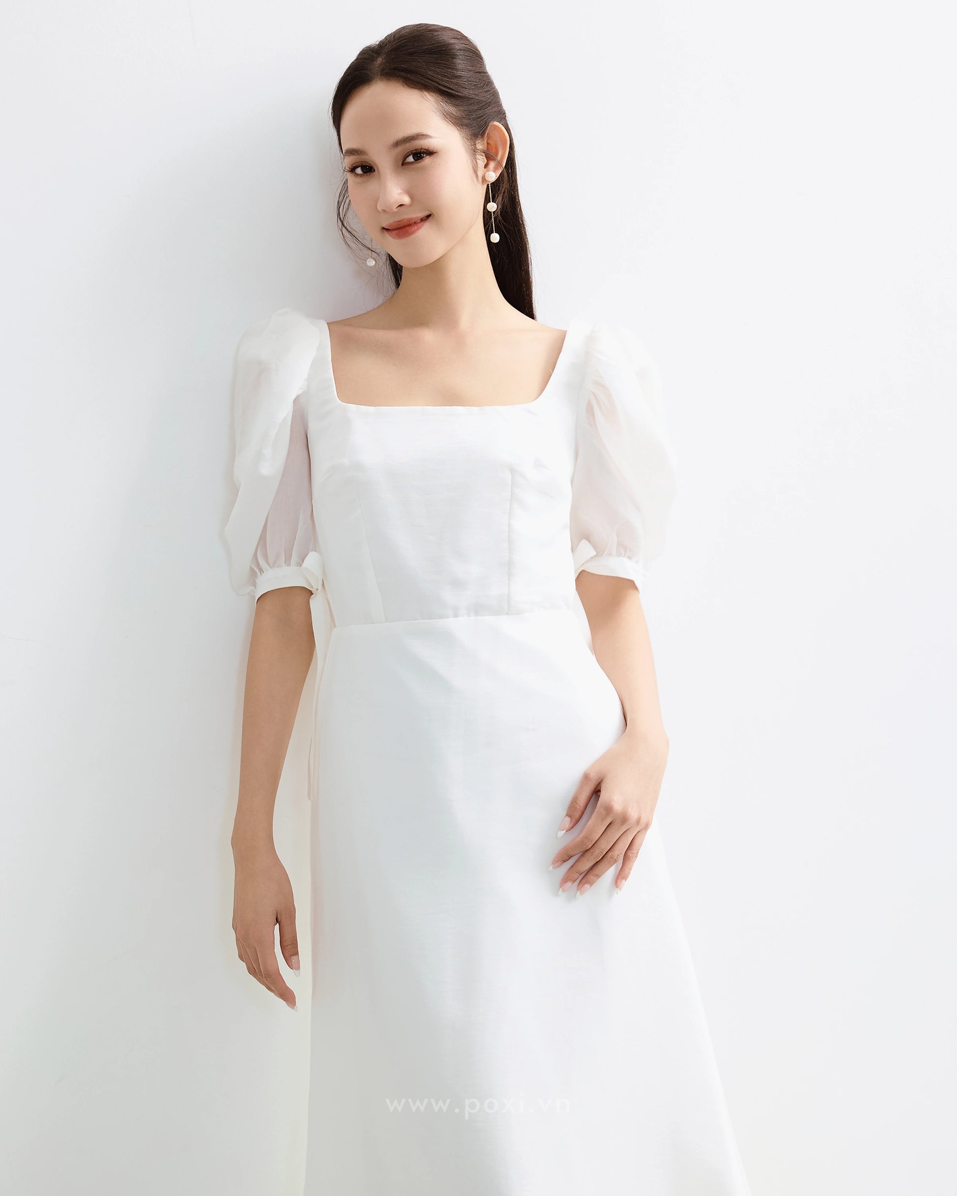 Đầm cổ vuông tay voan thắt nơ, dáng váy A line xòe nhẹ - D1923 Regular