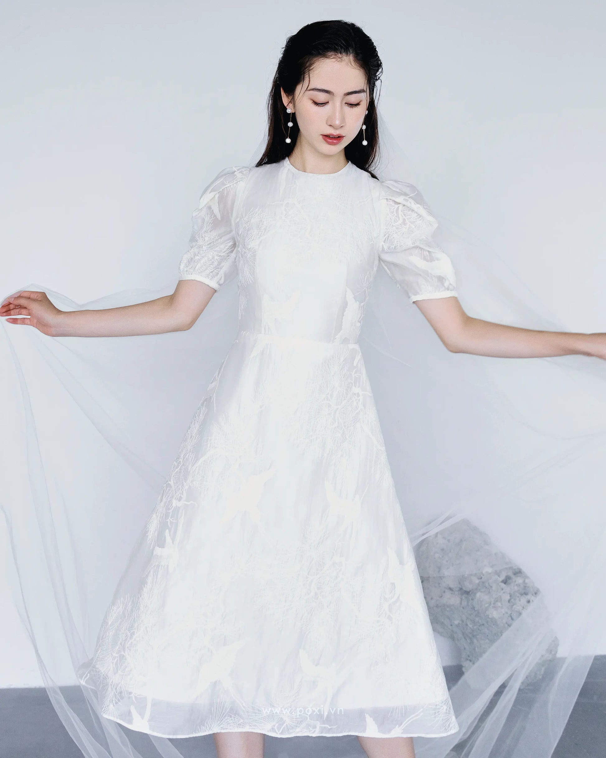Đầm voan thêu cổ tròn tay ngắn dáng váy Aline - D1993 Regular