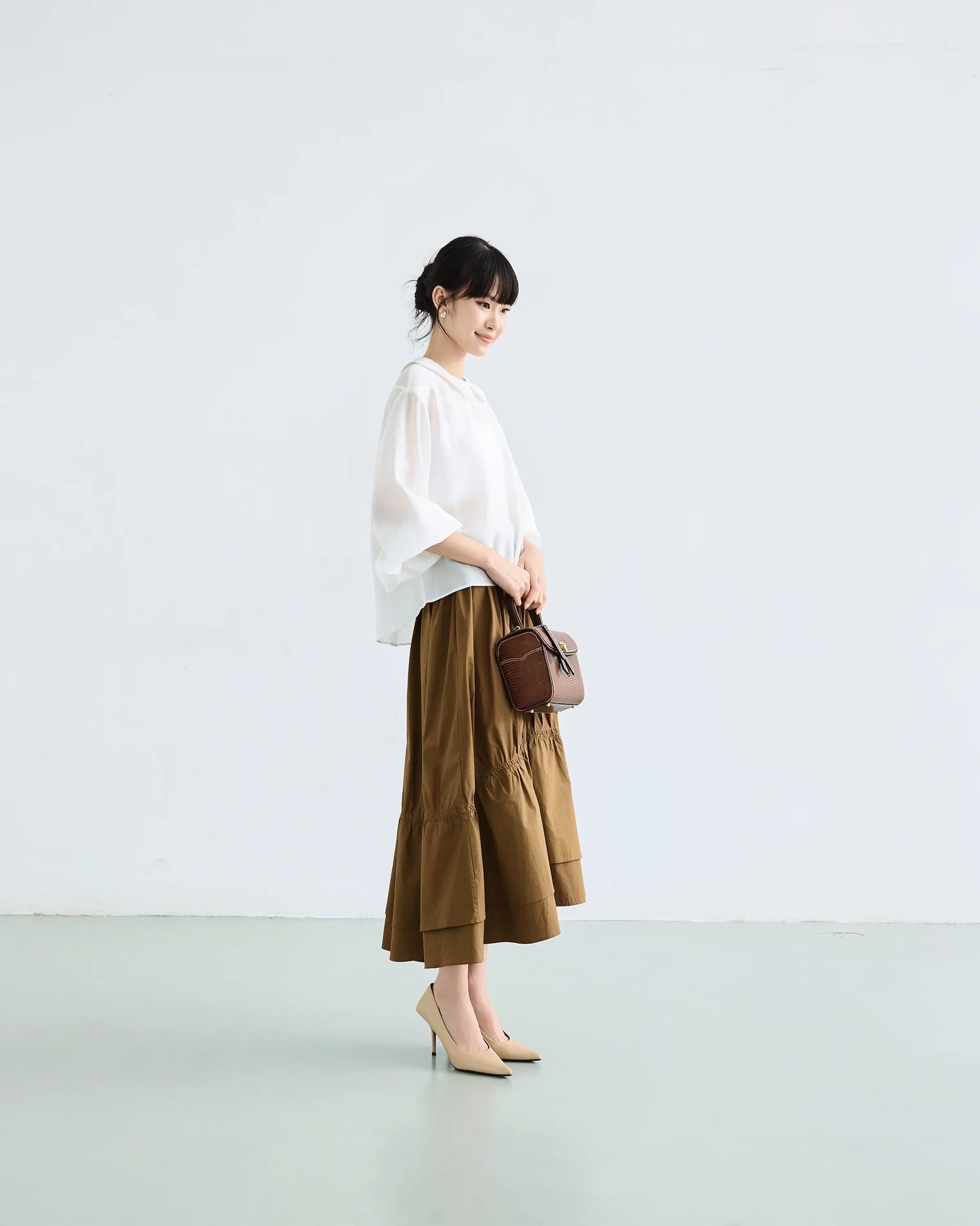 Chân váy midi xếp nhún màu xanh rêu đậm - SK9920