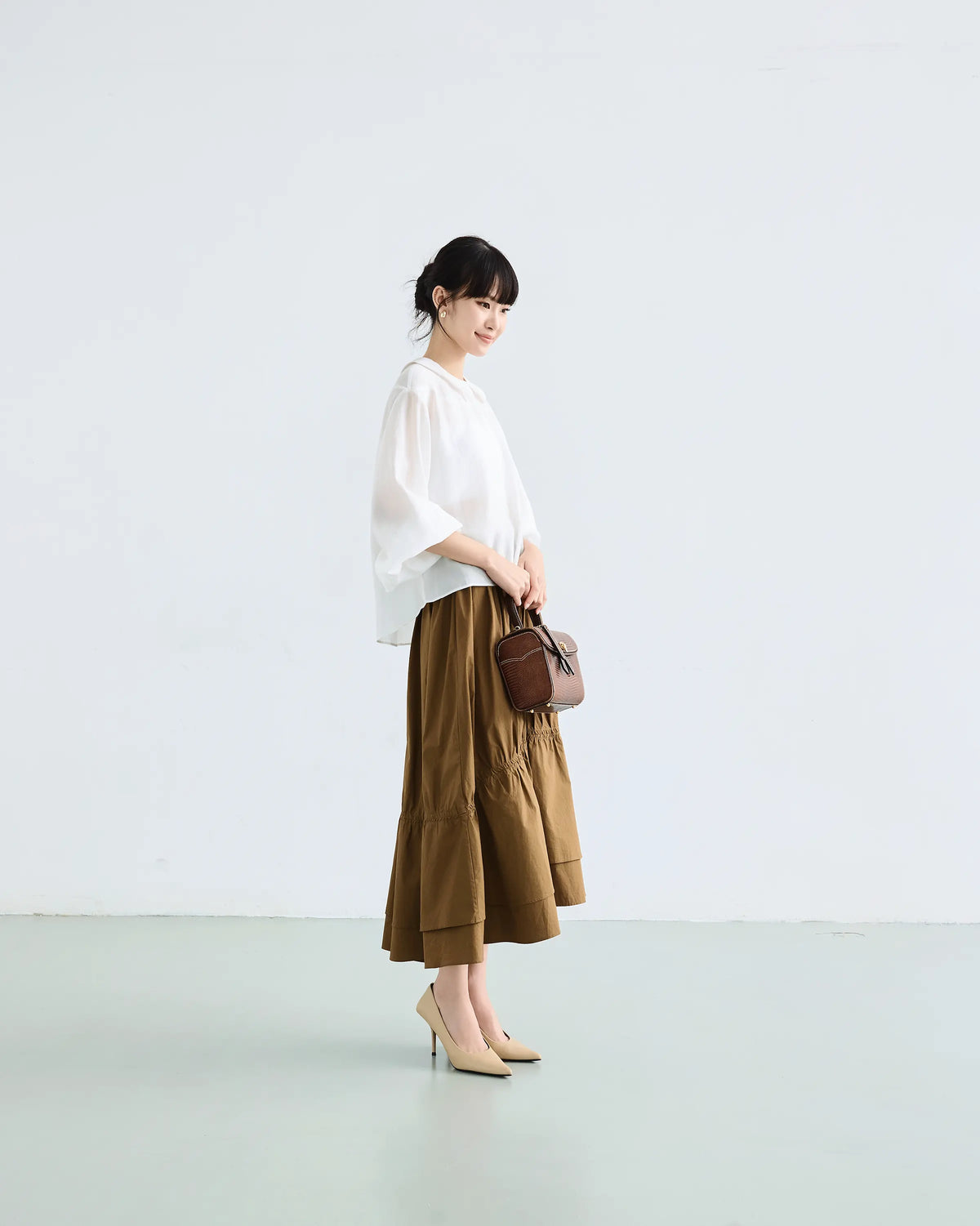 Chân váy midi xếp nhún màu xanh rêu đậm - SK9920