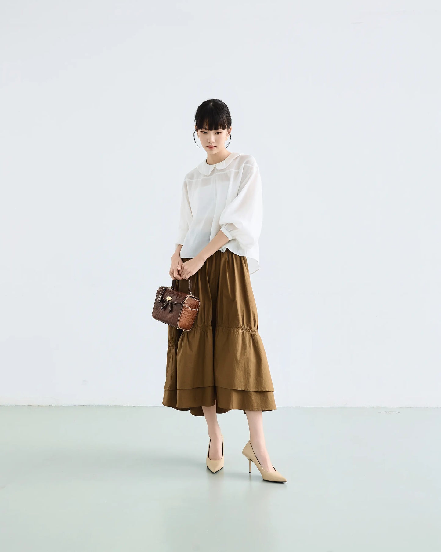 Chân váy midi xếp nhún màu xanh rêu đậm - SK9920