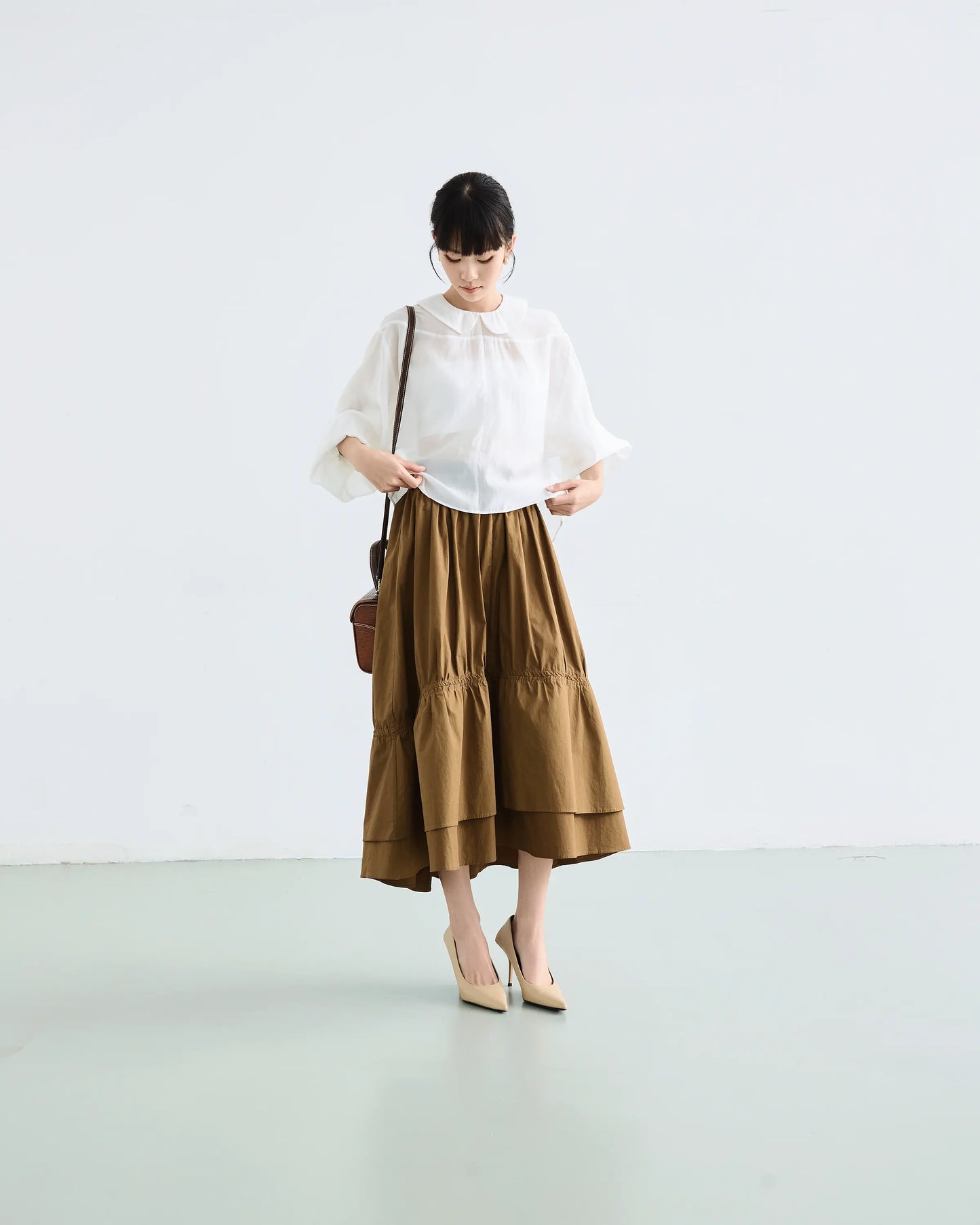 Chân váy midi xếp nhún màu xanh rêu đậm - SK9920