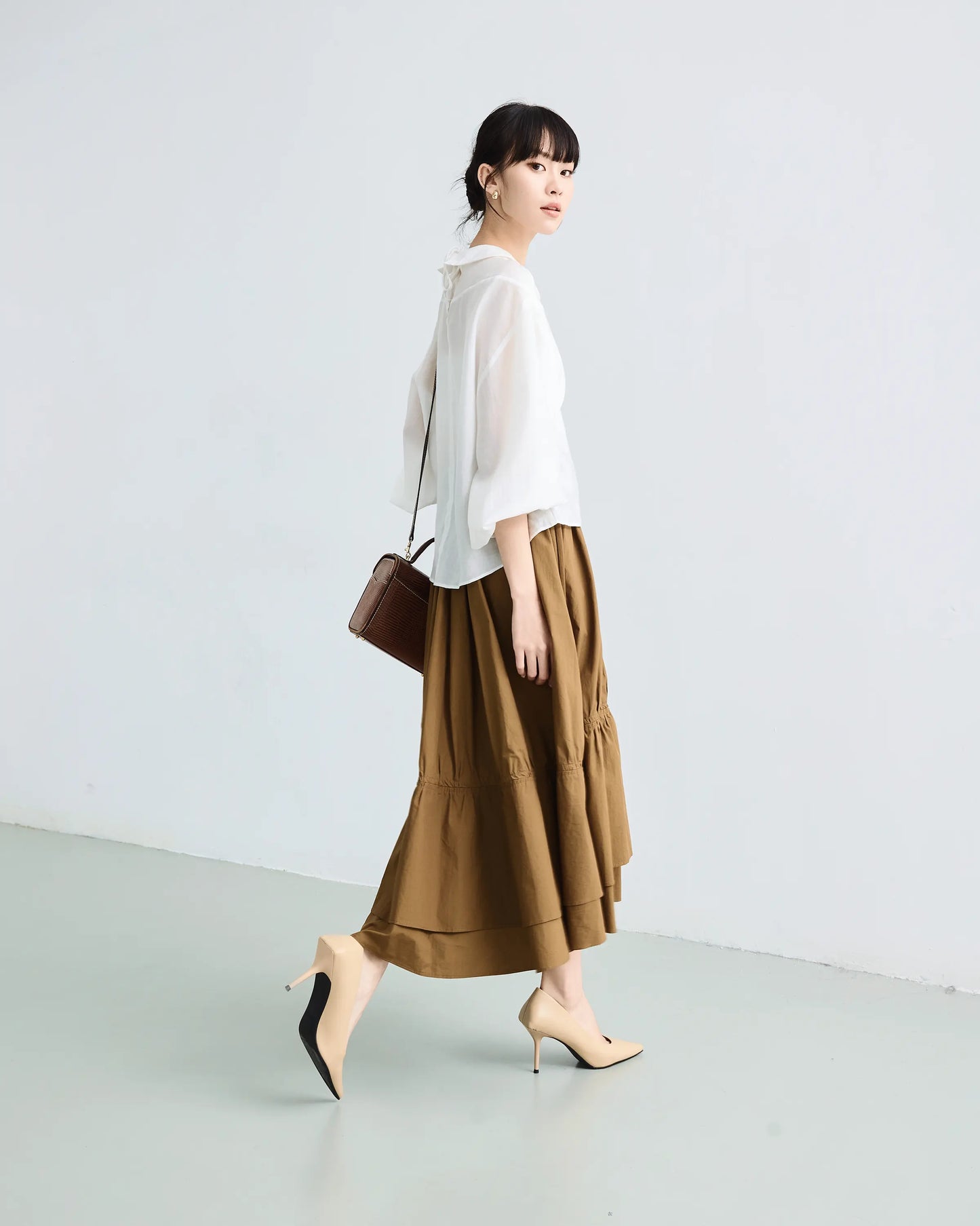 Chân váy midi xếp nhún màu xanh rêu đậm - SK9920