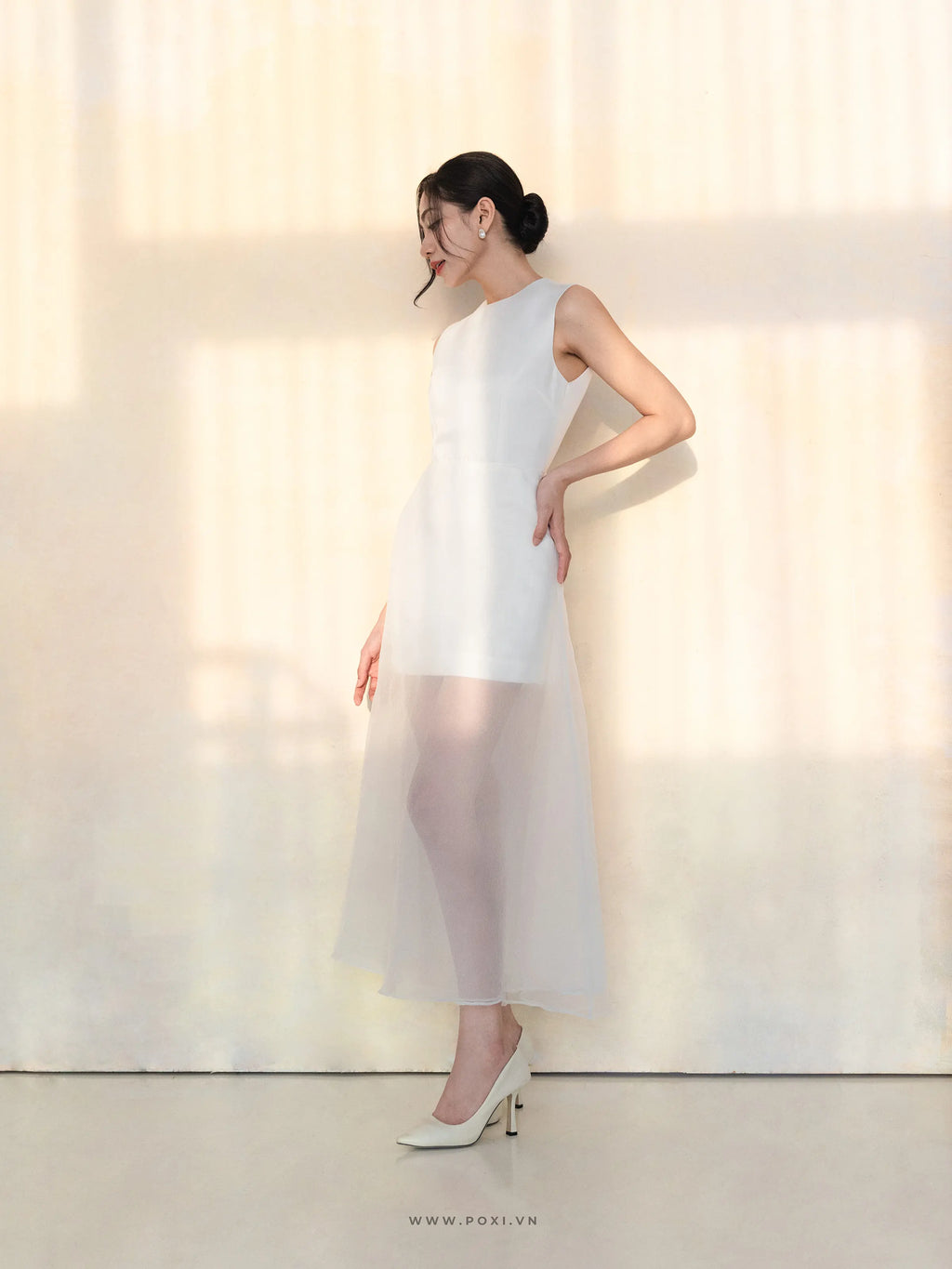 Đầm cổ tròn không tay, dáng váy Aline phối voan xốp - D1947 Regular