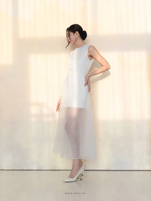 Đầm cổ tròn không tay, dáng váy Aline phối voan xốp - D1947 Regular