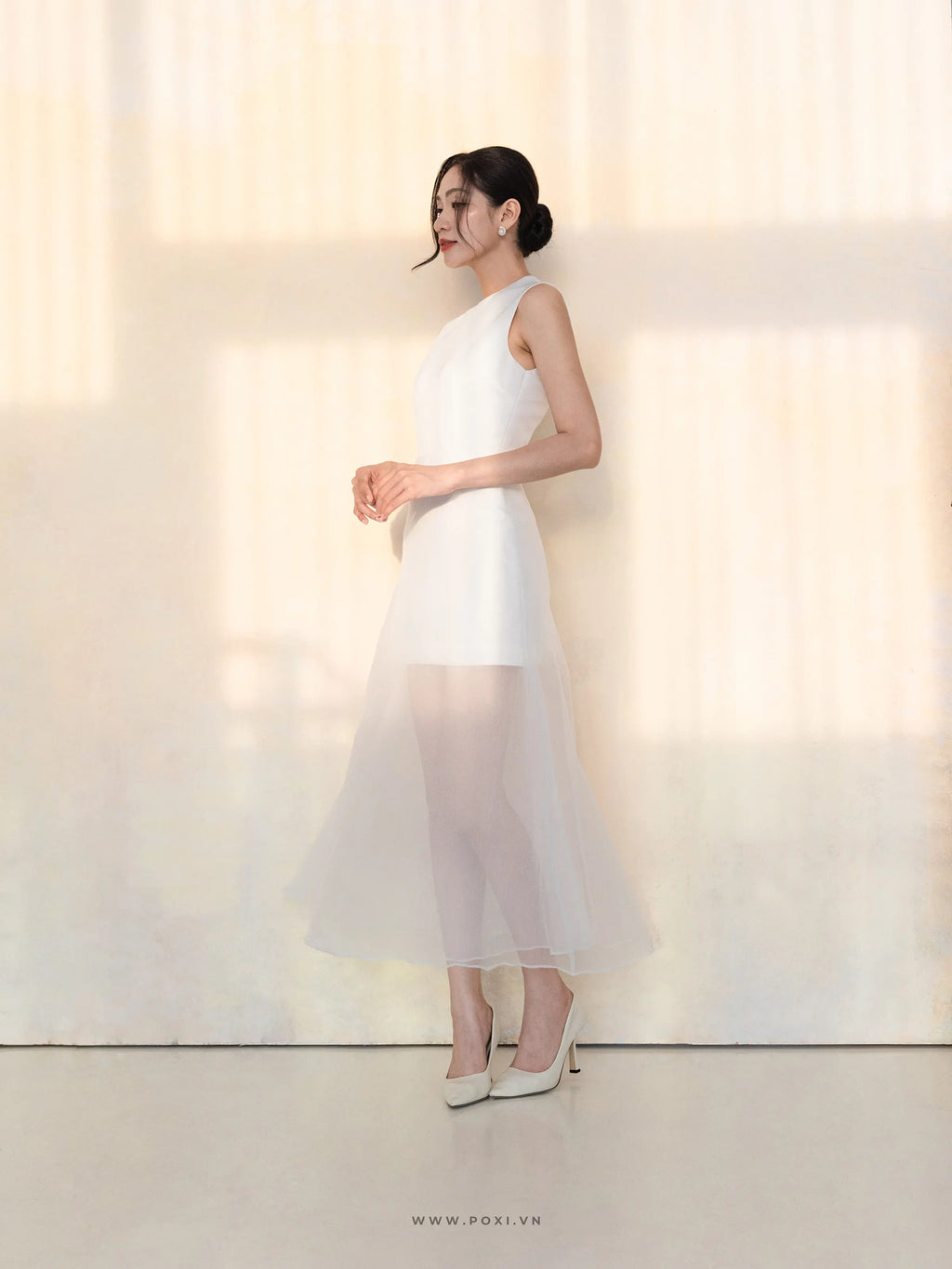 Đầm cổ tròn không tay, dáng váy Aline phối voan xốp - D1947 Regular
