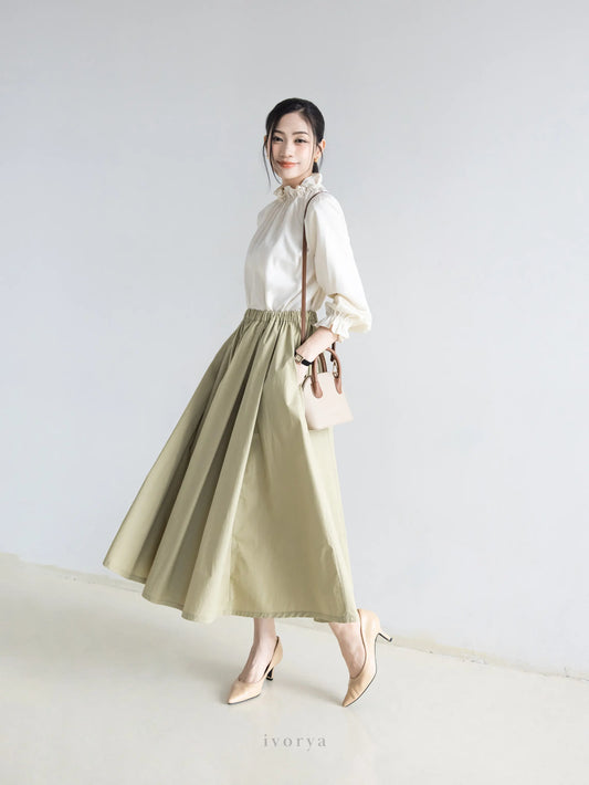 Áo kiểu nữ nhún cổ và tay màu kem tay dài - SH9945