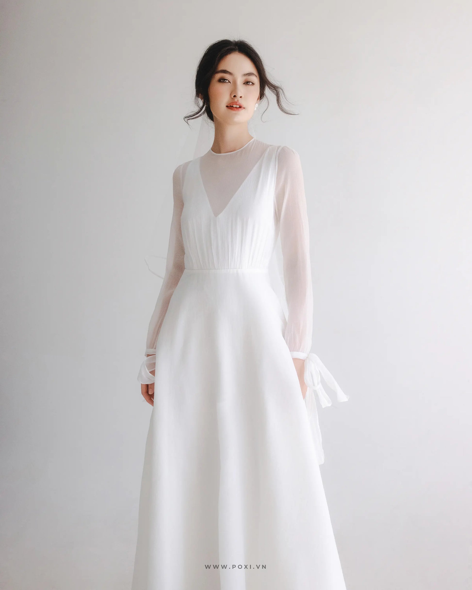 Đầm xòe cổ tròn tay dài có dây cột nơ - D1548 Regular