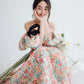 Đầm họa tiết cúp ngực phối tay phồng đính nơ và váy xòe xếp ly - D1826