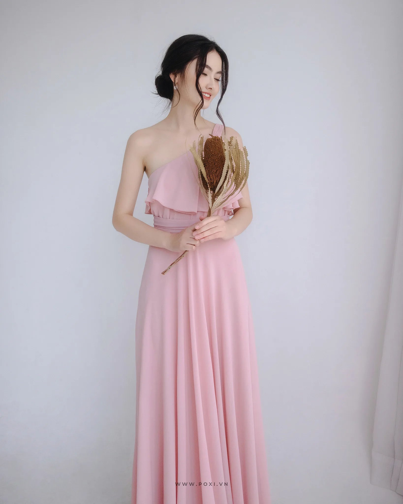 One-shoulder prom pink dresses are modern and glamorous for girls and bridesmaids - D1876 - POXI