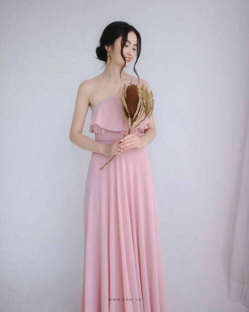 One-shoulder prom pink dresses are modern and glamorous for girls and bridesmaids - D1876 - POXI