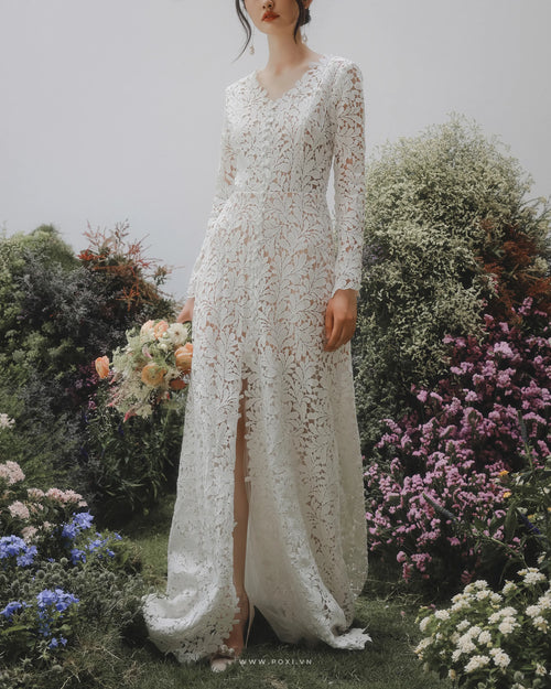 Elegant lace custom-order dress with V-neck and long sleeves - D1142 - POXI