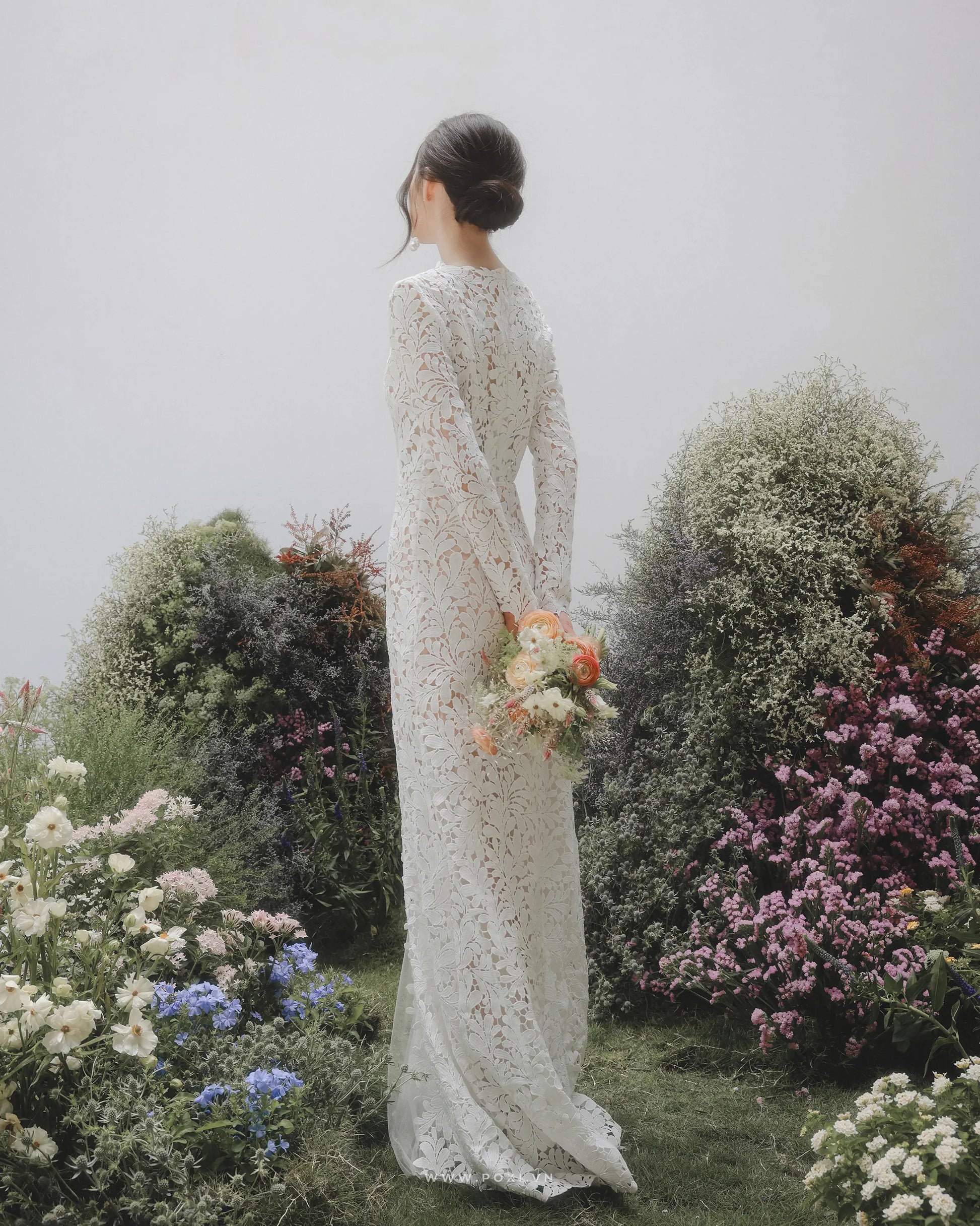 Elegant lace custom-order dress with V-neck and long sleeves - D1142 - POXI