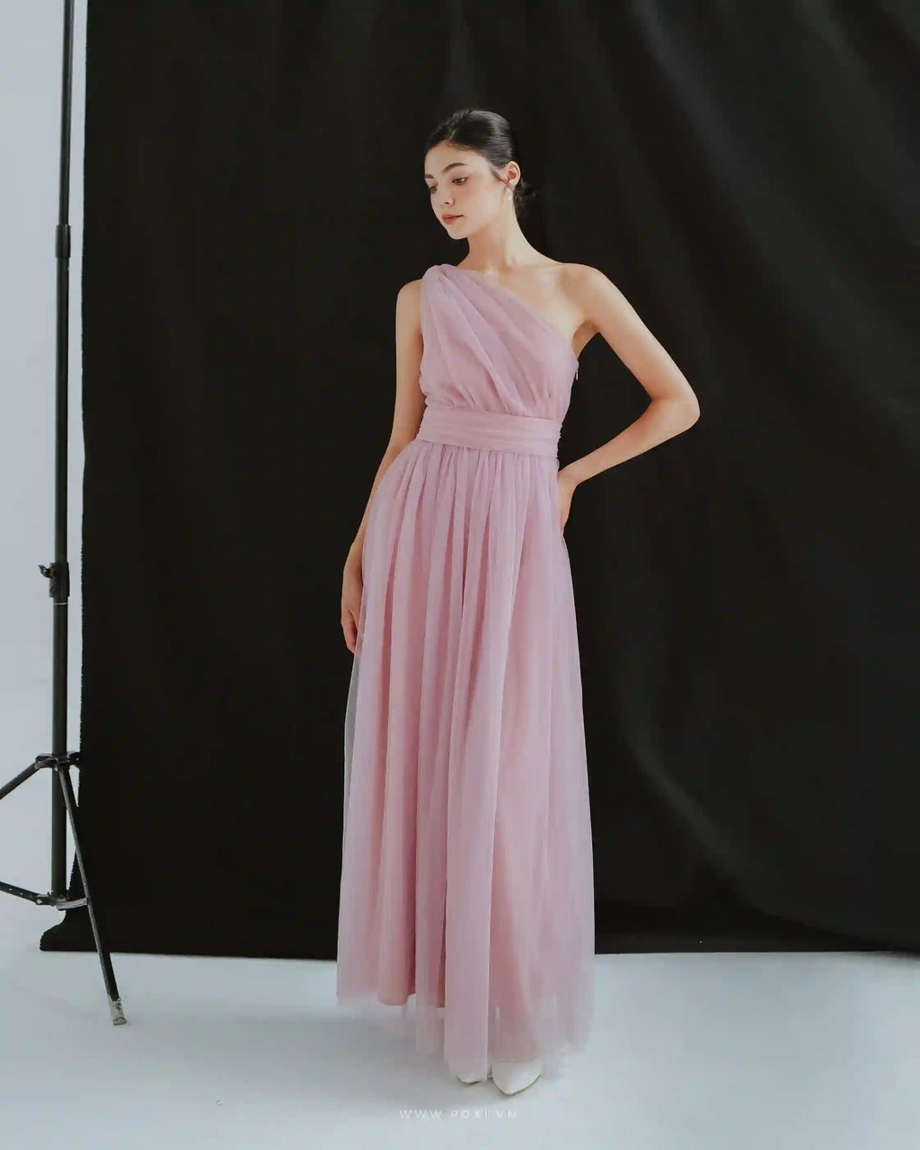 One-shoulder tulle maxi dresses romantic and flying with a detachable belt - D1570 - POXI