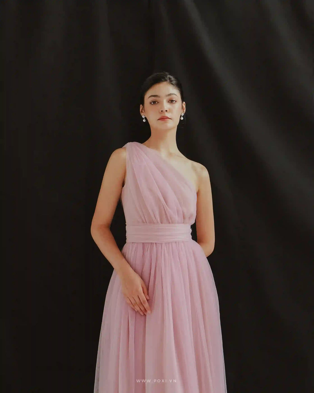 One-shoulder tulle maxi dresses romantic and flying with a detachable belt - D1570 - POXI