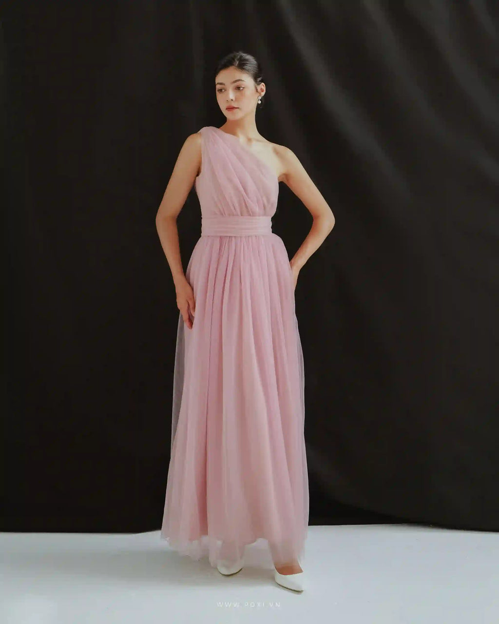 One-shoulder tulle maxi dresses romantic and flying with a detachable belt - D1570 - POXI