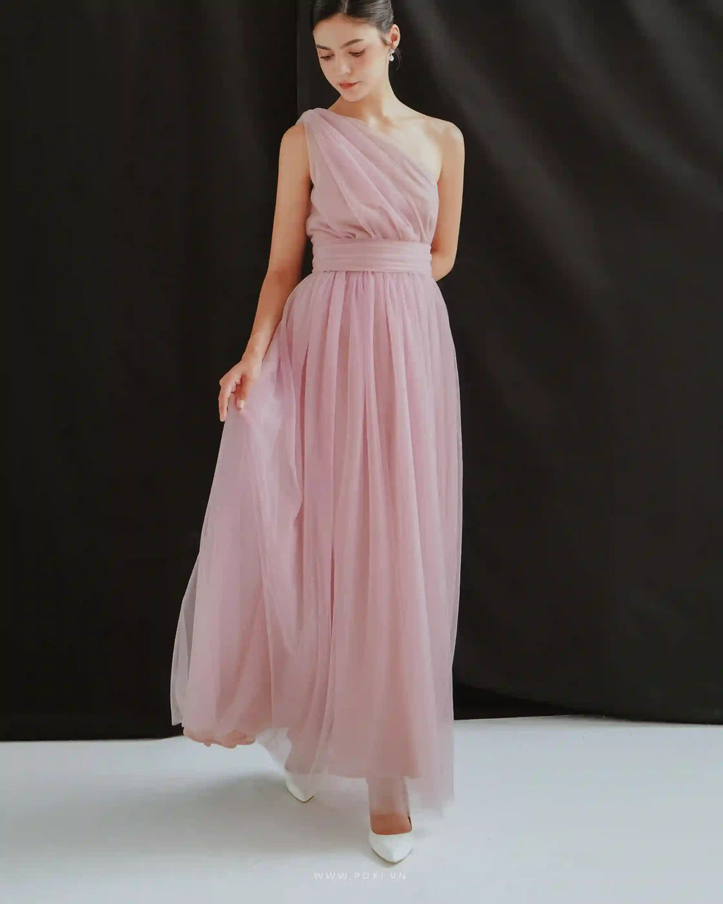 One-shoulder tulle maxi dresses romantic and flying with a detachable belt - D1570 - POXI