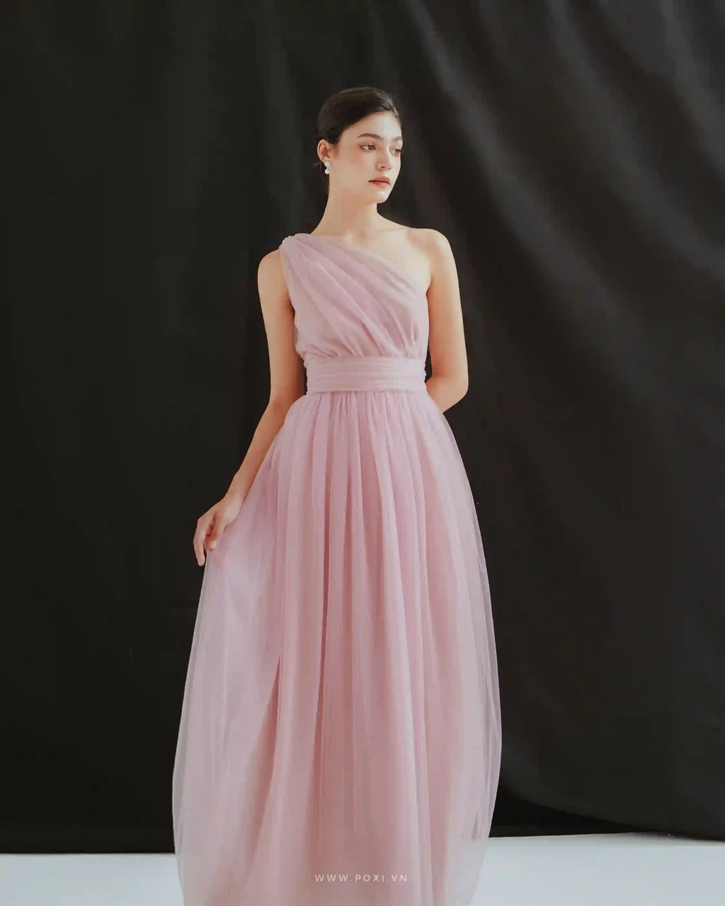 One-shoulder tulle maxi dresses romantic and flying with a detachable belt - D1570 - POXI