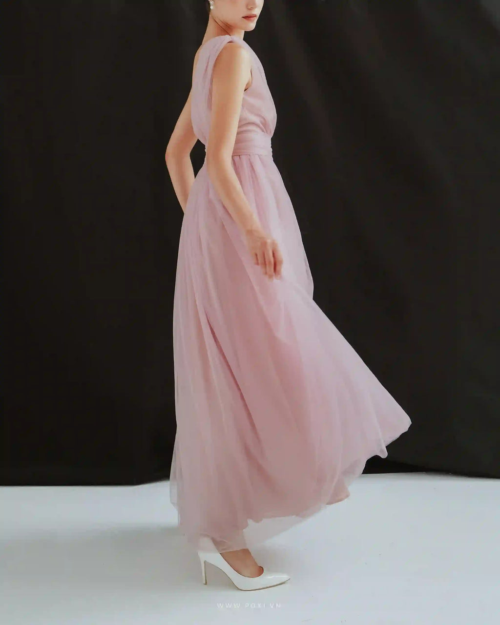 One-shoulder tulle maxi dresses romantic and flying with a detachable belt - D1570 - POXI