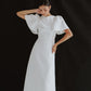 Simple wedding dress with crew neck and puff-flared sleeves - D1683 - POXI