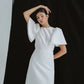 Simple wedding dress with crew neck and puff-flared sleeves - D1683 - POXI