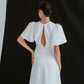 Simple wedding dress with crew neck and puff-flared sleeves - D1683 - POXI