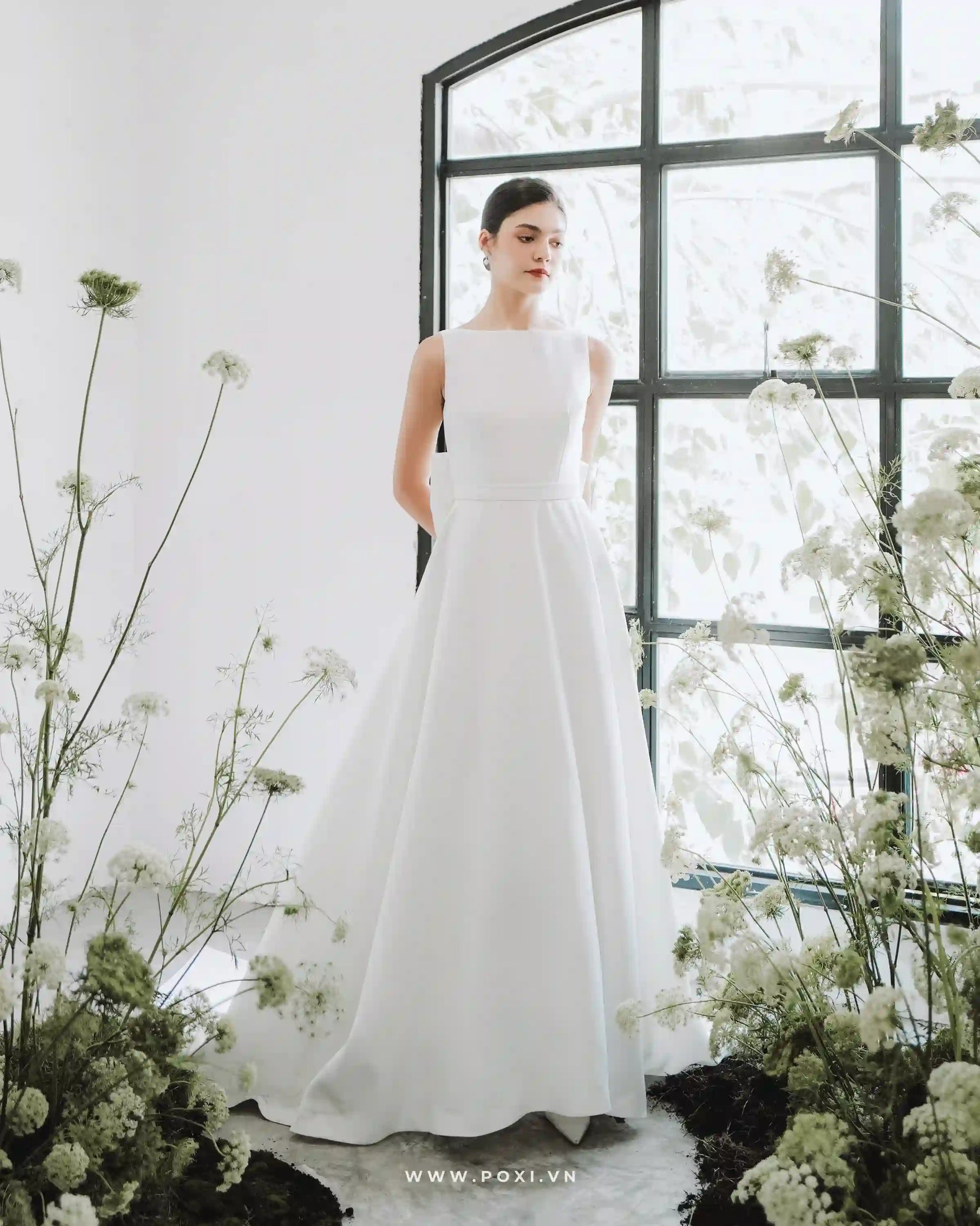 Princess wedding gowns with boat neck and detachable bow belt - D1717 - POXI