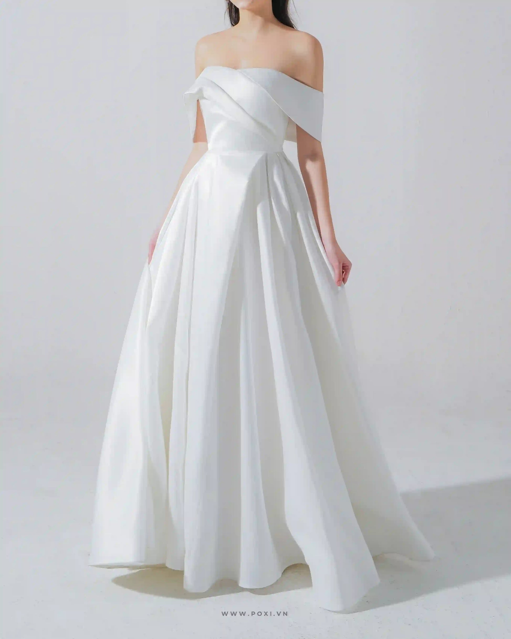 Princess off-the-shoulder wedding dress with unique pleated top detail - D1818 - POXI