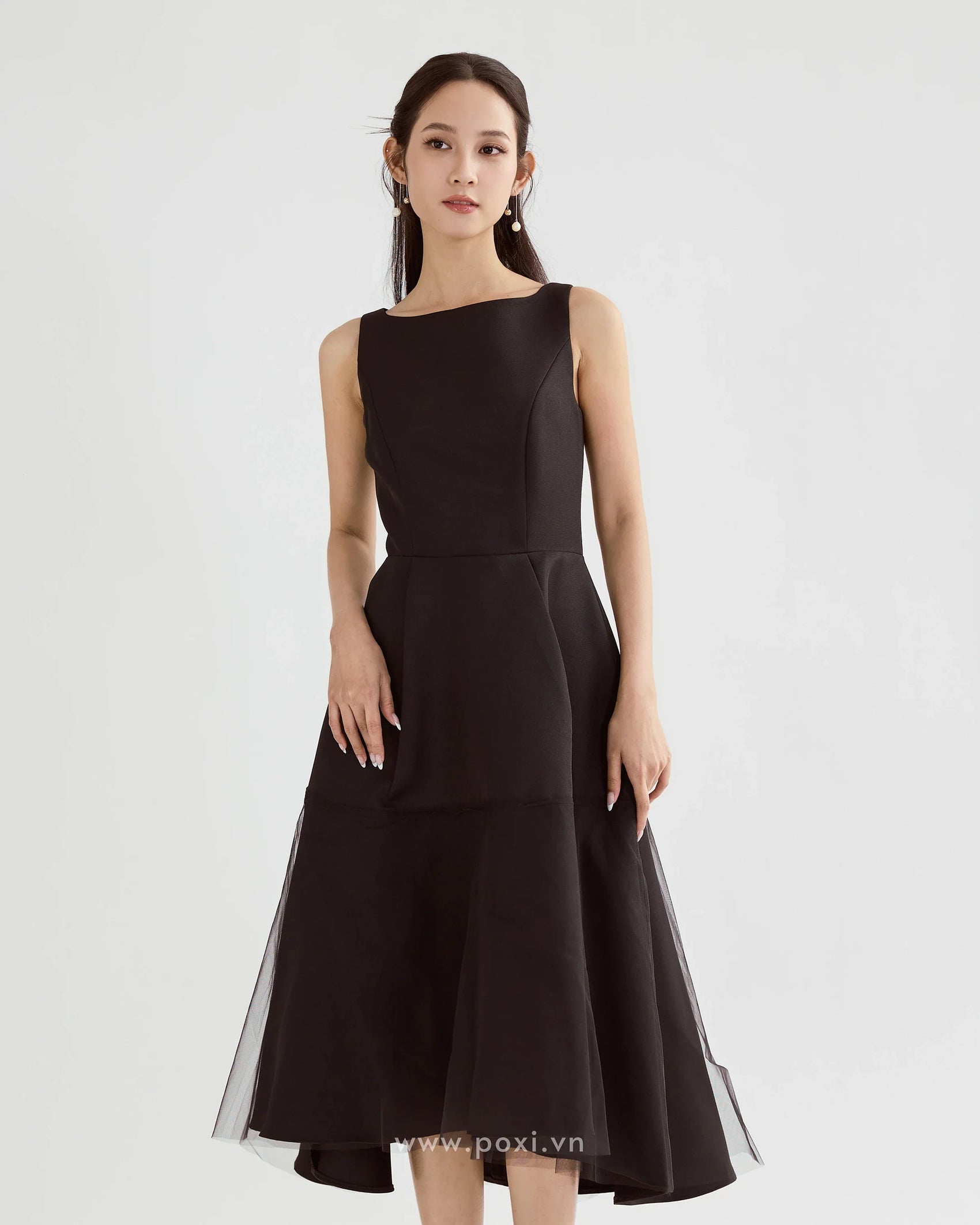 Đầm cổ thuyền không tay, váy xếp ly xòe phối lưới - D1949 Regular