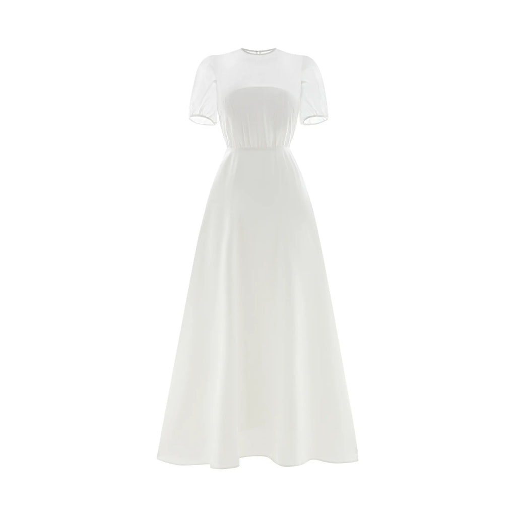 Minimalist wedding dress with crew neck, short sleeves and A line skirt - D1962 Regular