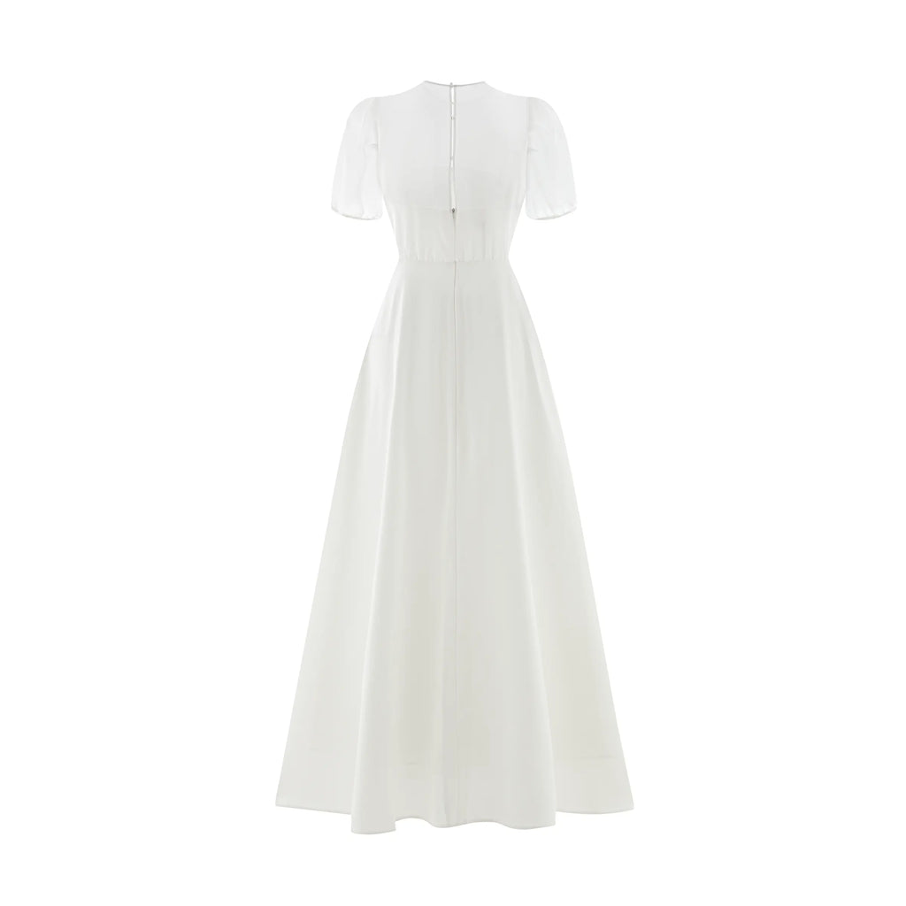 Minimalist wedding dress with crew neck, short sleeves and A line skirt - D1962 Regular