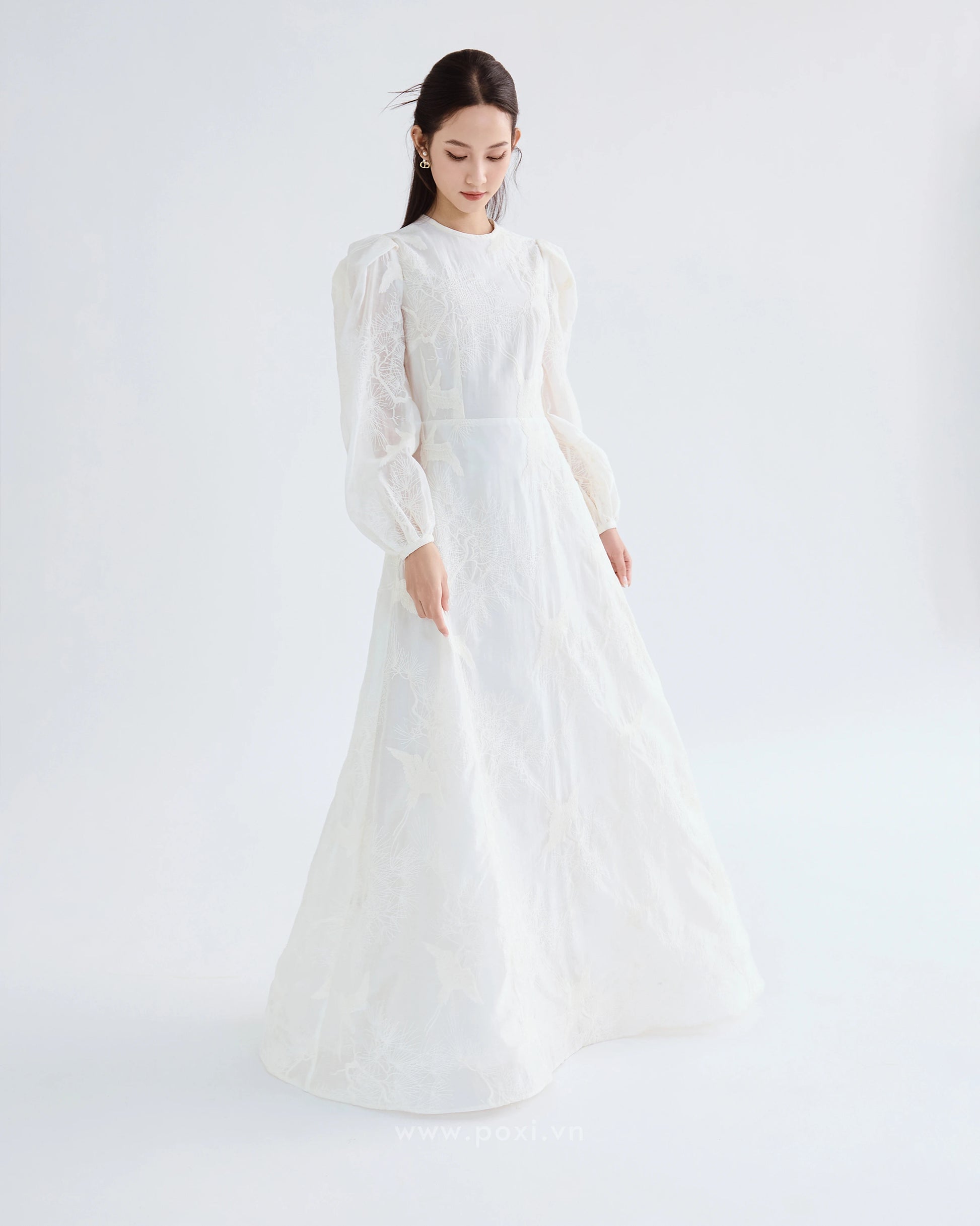 Đầm voan thêu cổ tròn tay dài váy Aline xòe nhẹ - D1974 Regular