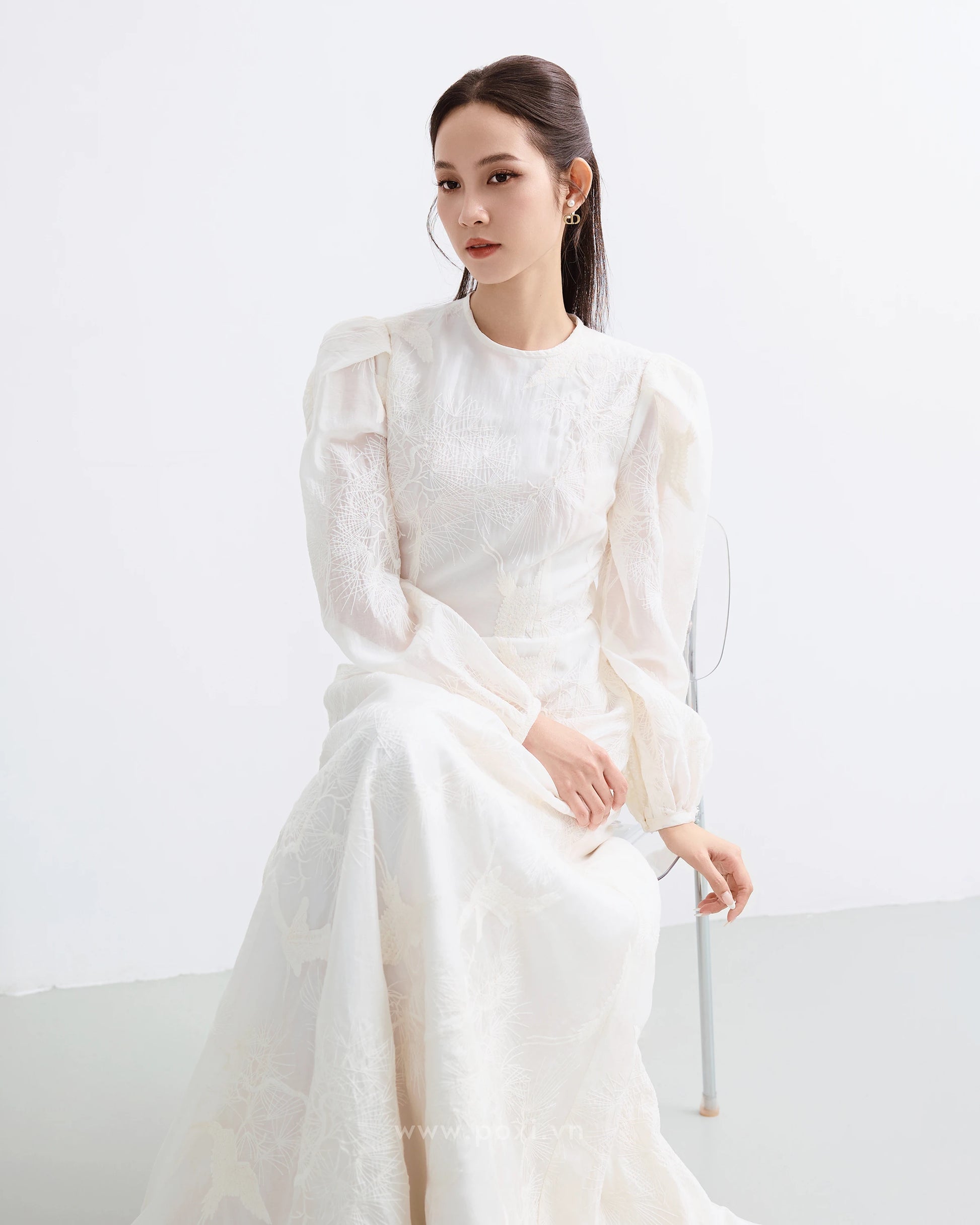 Đầm voan thêu cổ tròn tay dài váy Aline xòe nhẹ - D1974 Regular