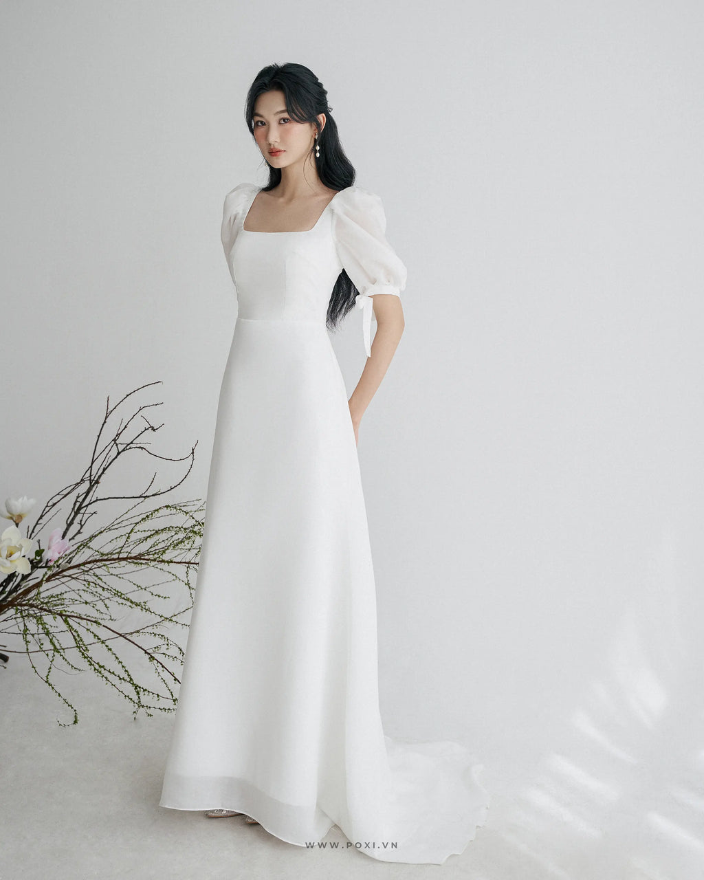 Đầm cổ vuông tay voan thắt nơ, dáng váy A line xòe nhẹ - D1923 Regular