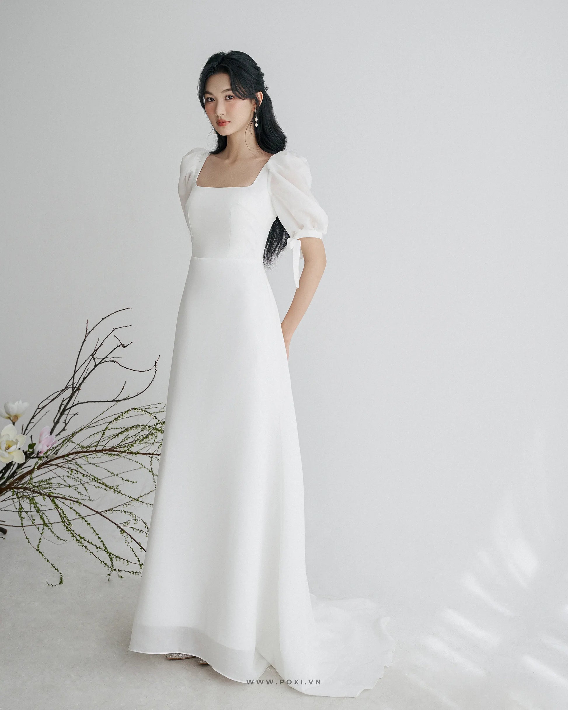Đầm cổ vuông tay voan thắt nơ, dáng váy A line xòe nhẹ - D1923 Regular