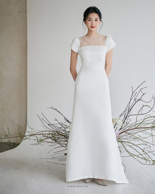 Minimalist wedding dress with the top combining tulle, petal sleeves and A-line skirt - D1870 Regular
