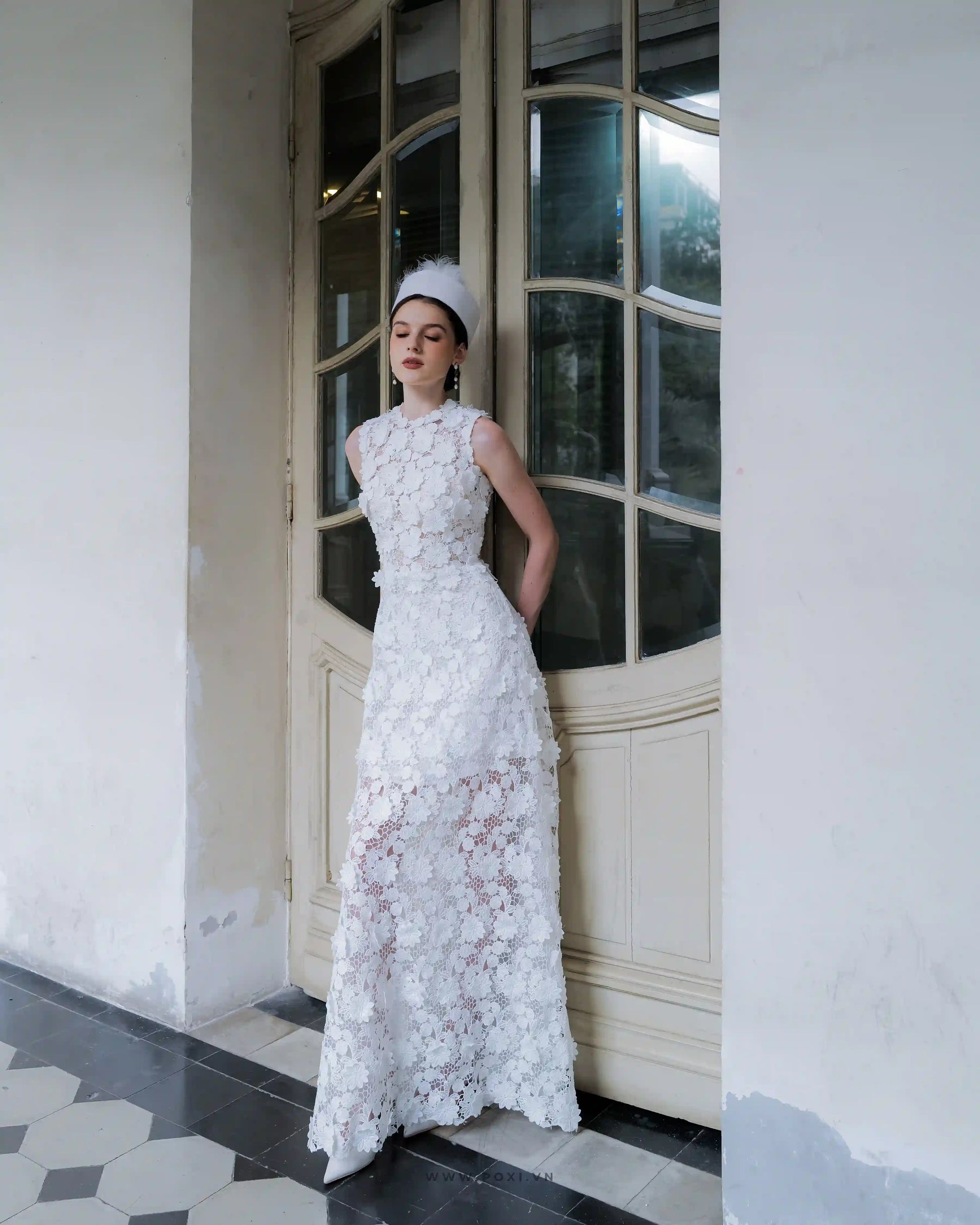 3D floral lace custom-order dress with sleeveless crew neck - F2 - POXI