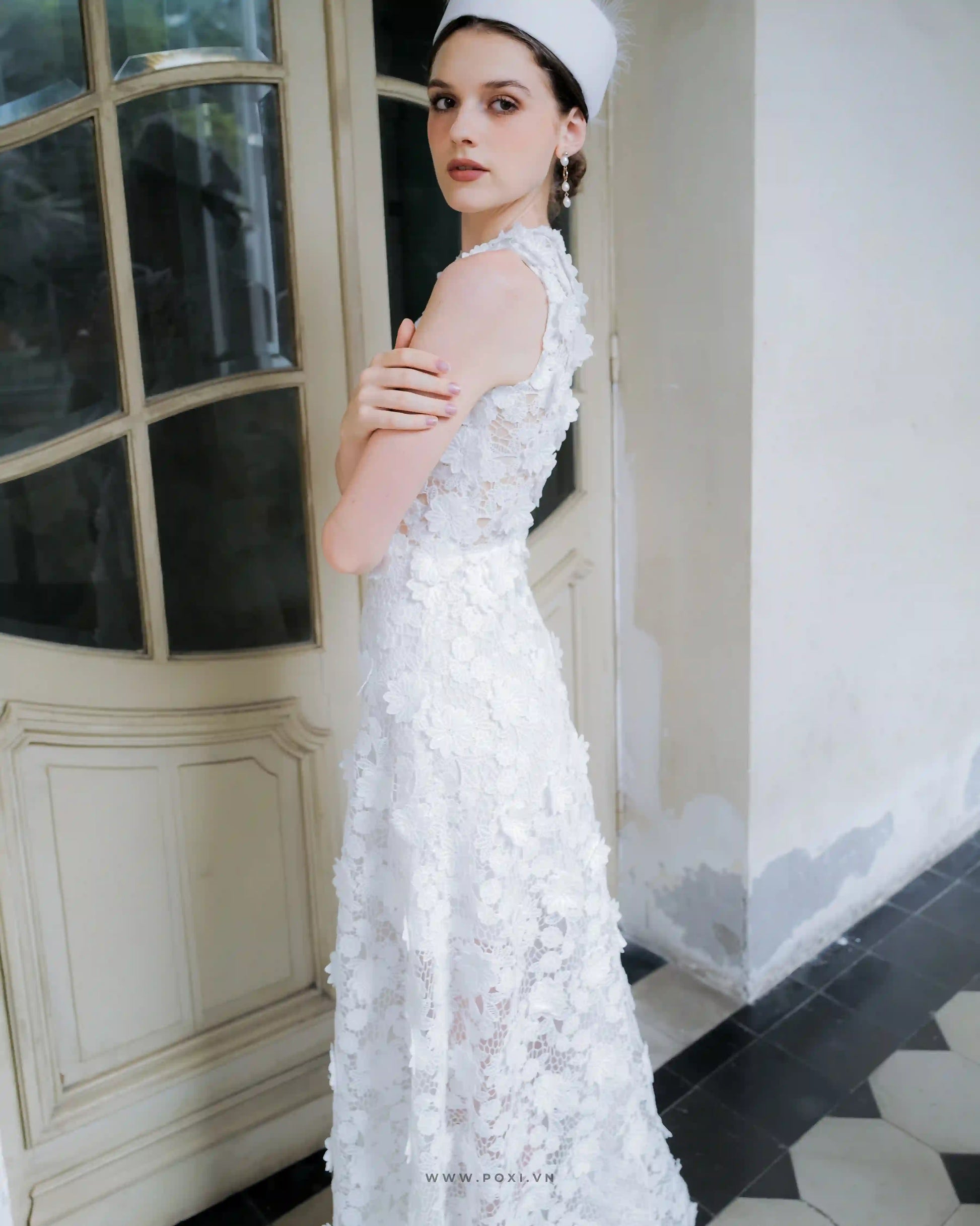 3D floral lace custom-order dress with sleeveless crew neck - F2 - POXI