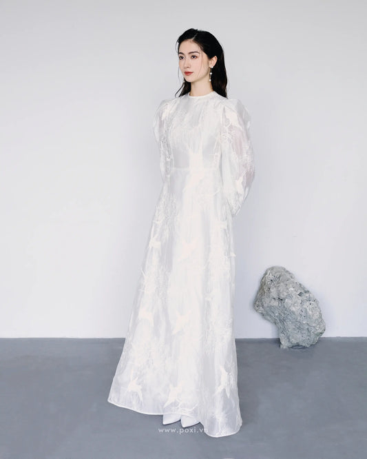 Đầm voan thêu cổ tròn tay dài váy Aline xòe nhẹ - D1974 Regular