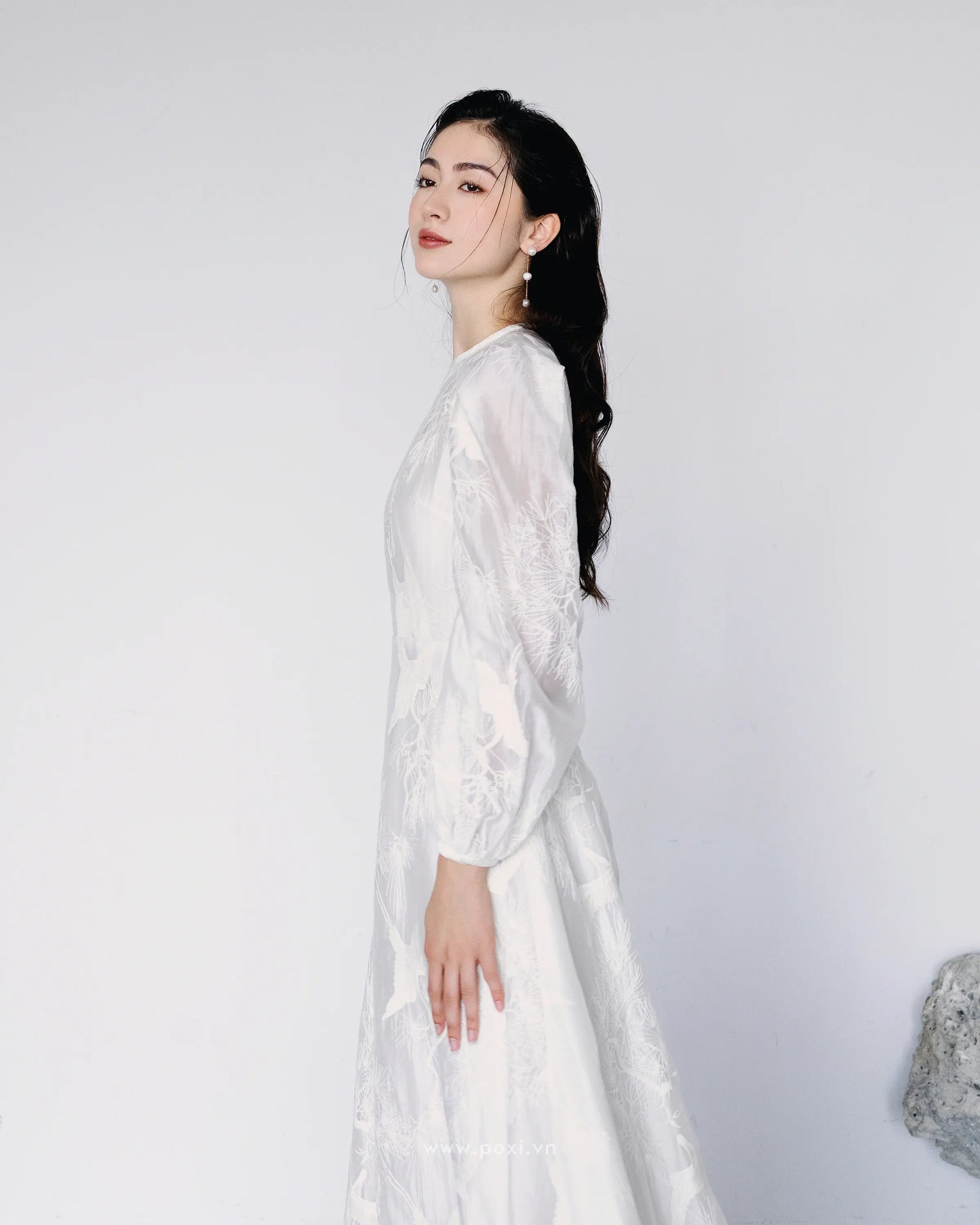 Đầm voan thêu cổ tròn tay dài váy Aline xòe nhẹ - D1974 Regular