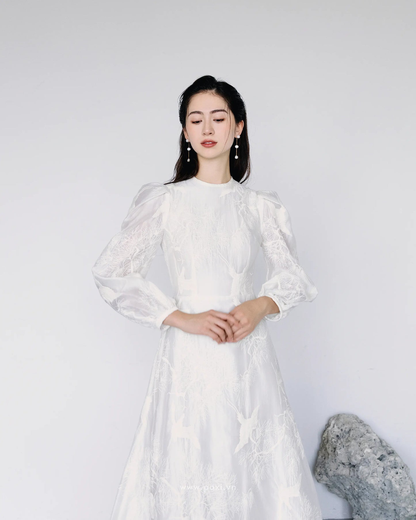 Đầm voan thêu cổ tròn tay dài váy Aline xòe nhẹ - D1974 Regular