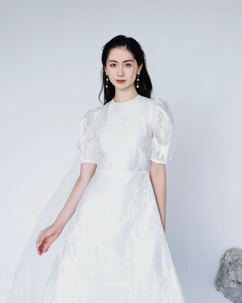 Đầm voan thêu cổ tròn tay ngắn dáng váy Aline - D1993 Regular
