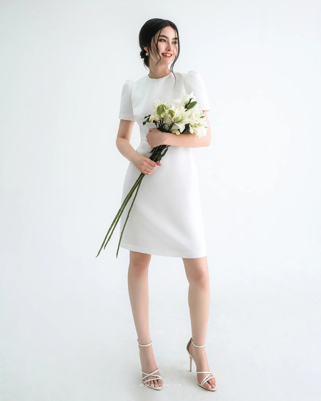 Youthful mini prom white dress with large buttons on the back - D1671B - POXI