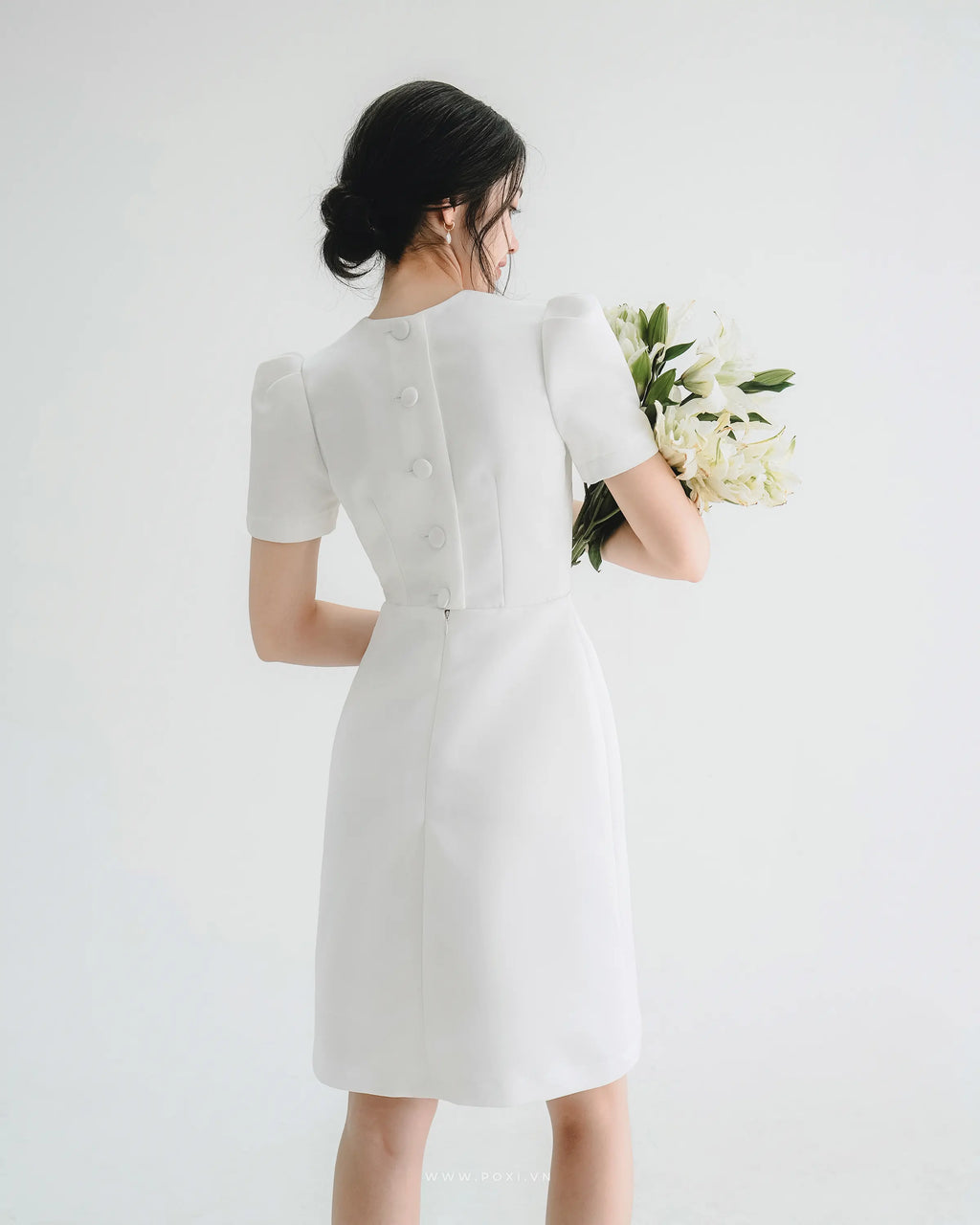 Youthful mini prom white dress with large buttons on the back - D1671B - POXI