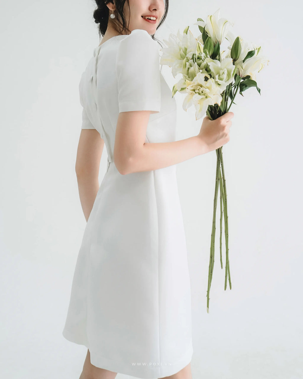 Youthful mini prom white dress with large buttons on the back - D1671B - POXI