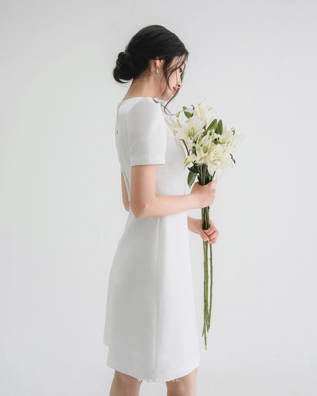 Youthful mini prom white dress with large buttons on the back - D1671B - POXI
