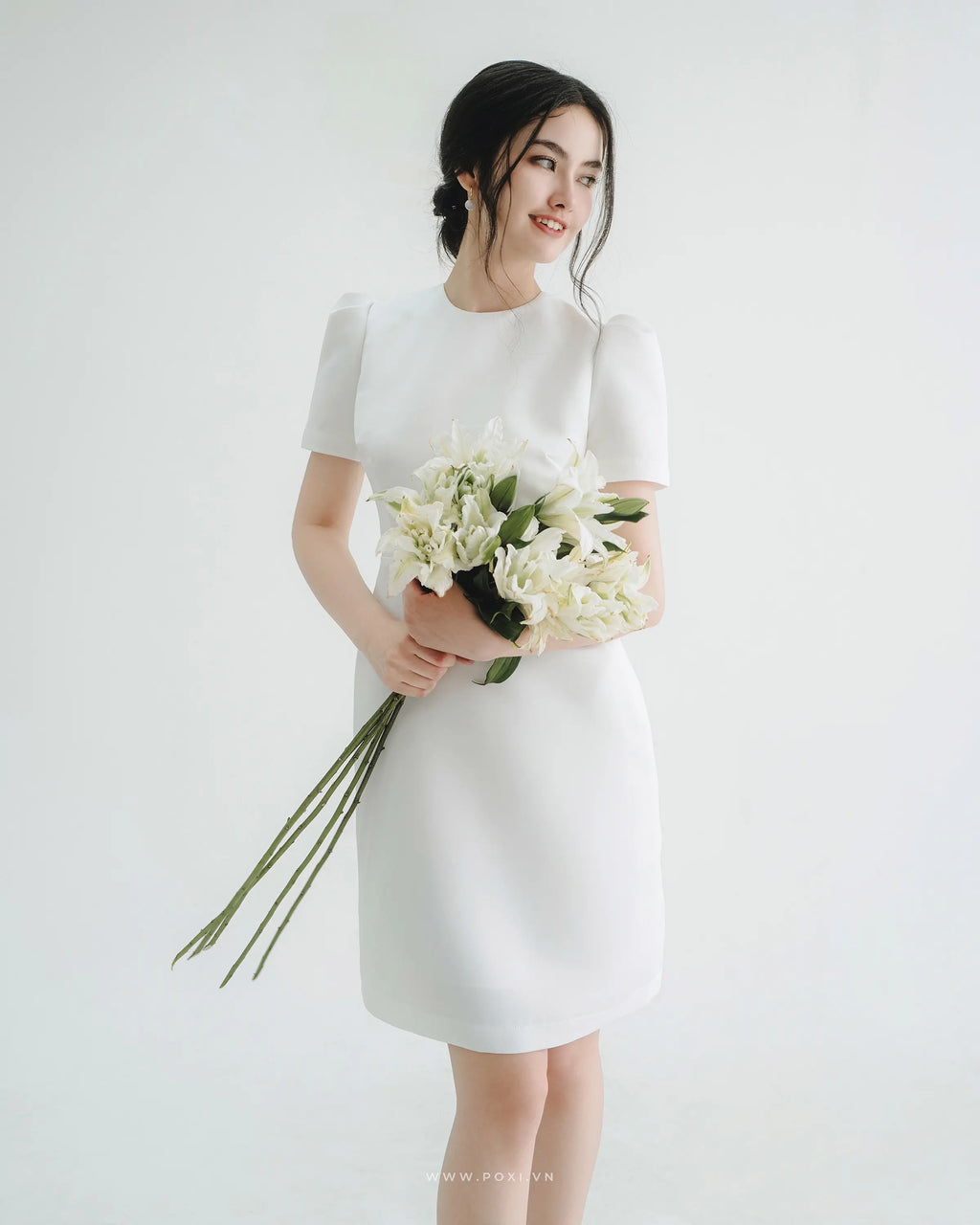 Youthful mini prom white dress with large buttons on the back - D1671B - POXI