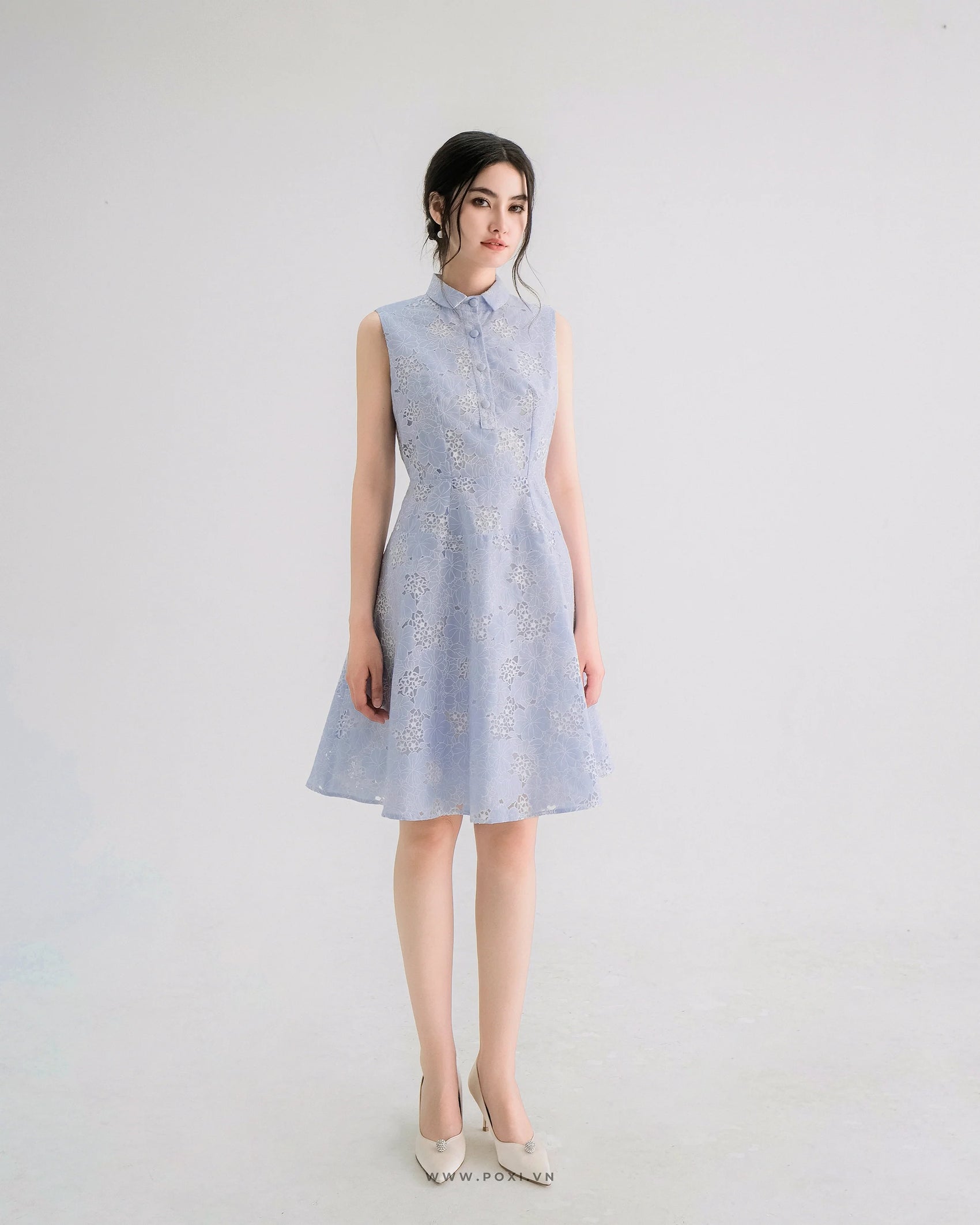 Youthful mini blue dress with collard neck and sleeveless - D1860B - POXI